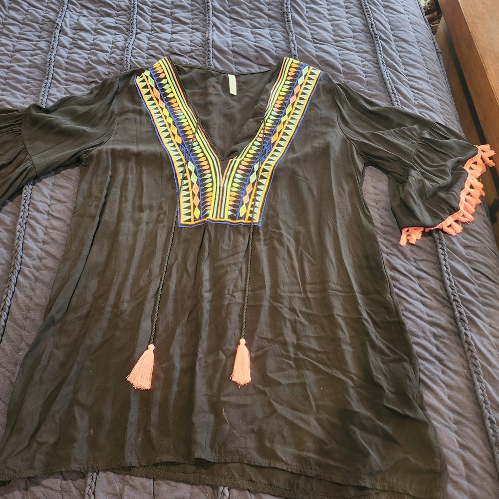 Embroidered Black Tunic Top with Tassels